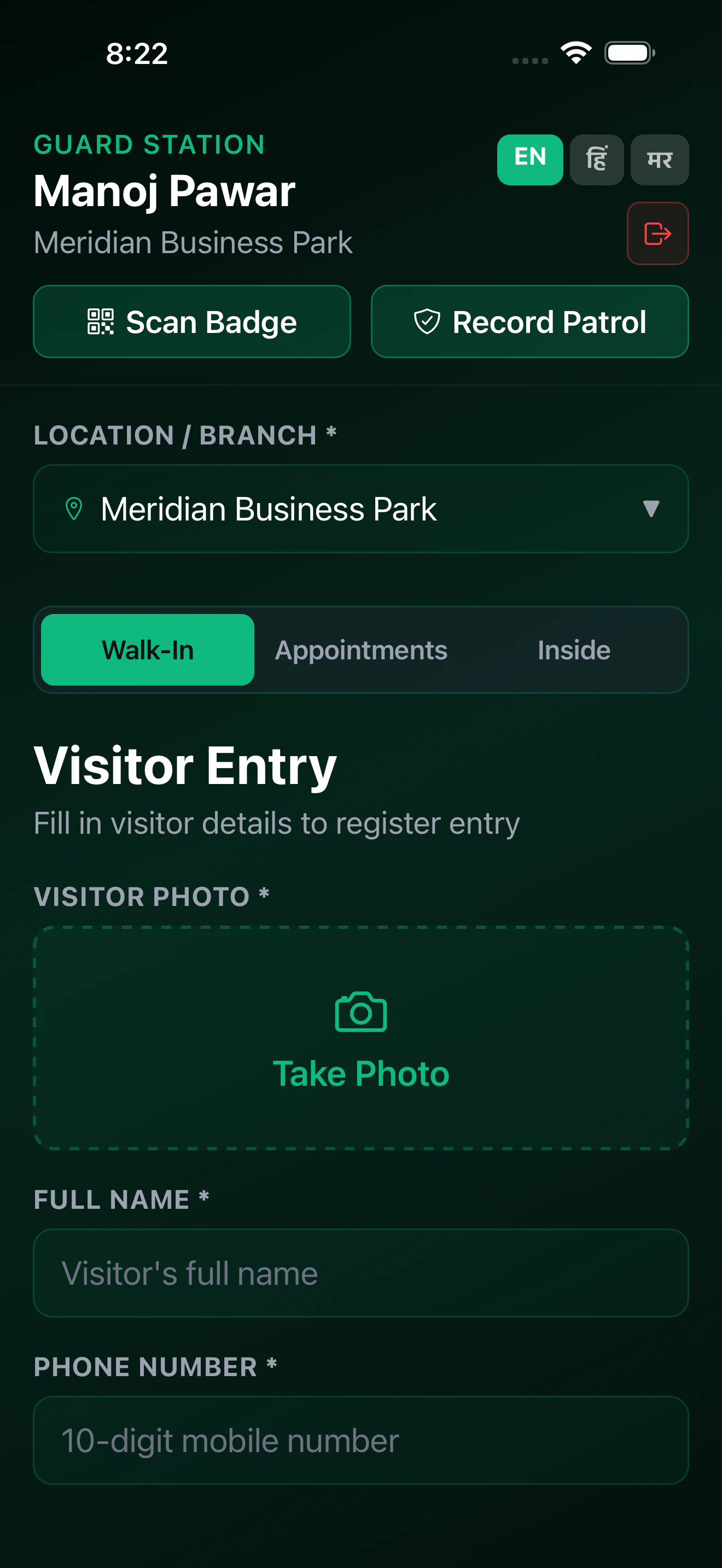 VISYRA guard app registering a walk-in visitor