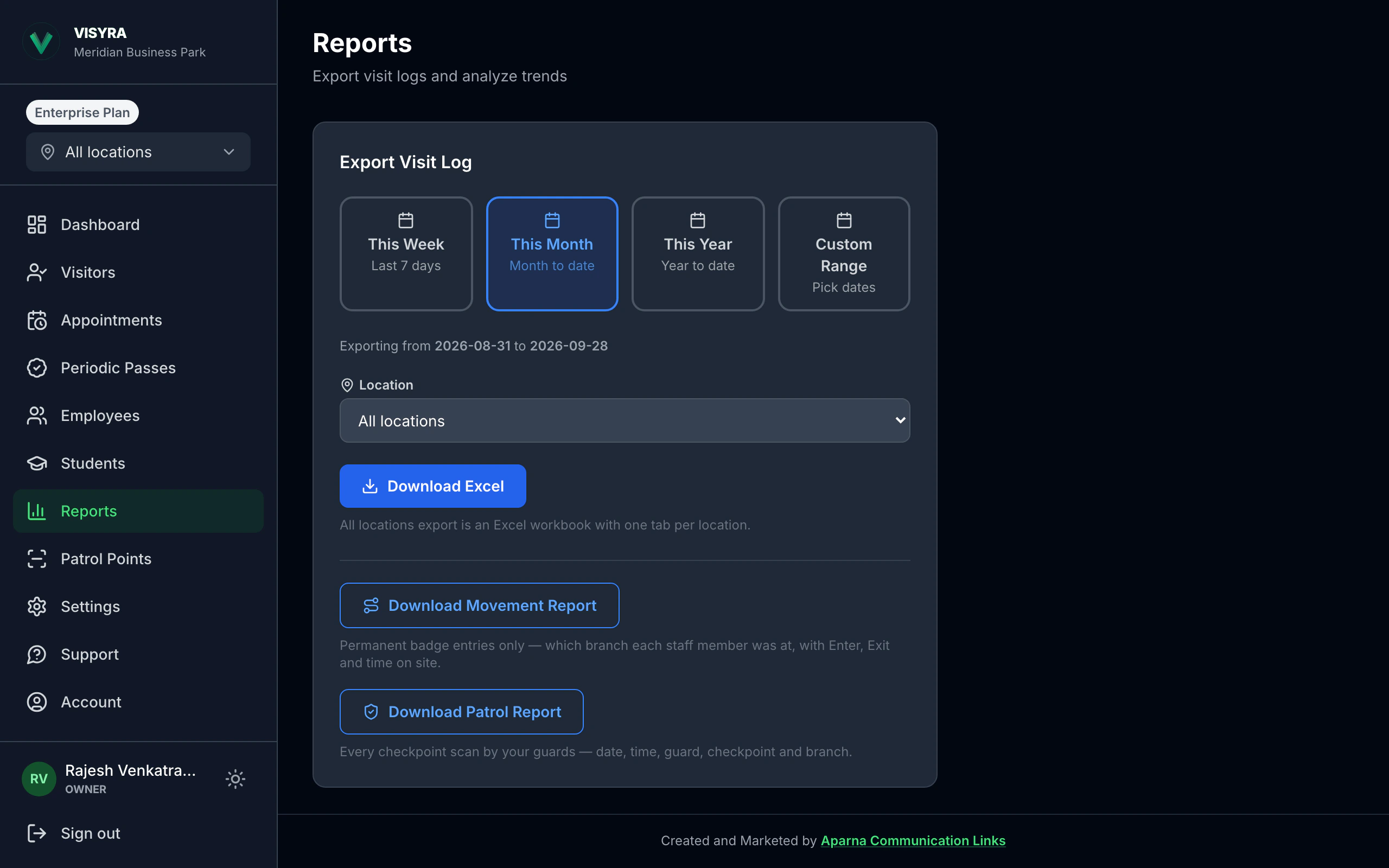 Reports page with visit log, movement and patrol exports